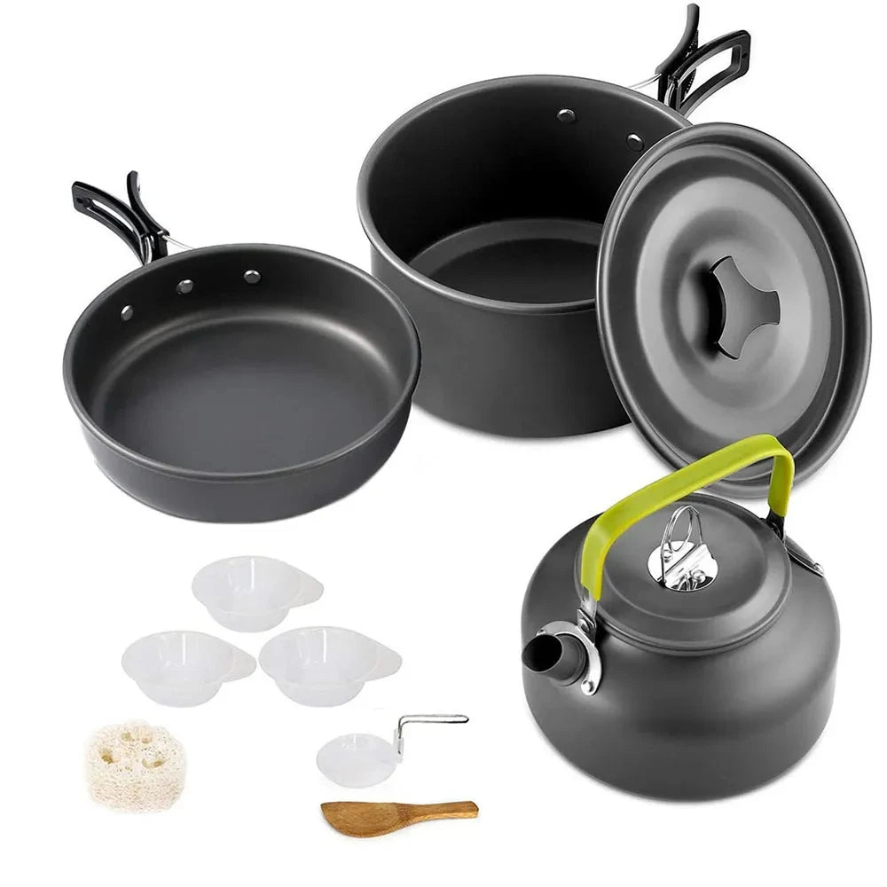 Camping-Kochset – Antihaft-Töpfe, Teekanne und Geschirr für 2-3 Personen, Outdoor-Picknick- und Reiseutensilien