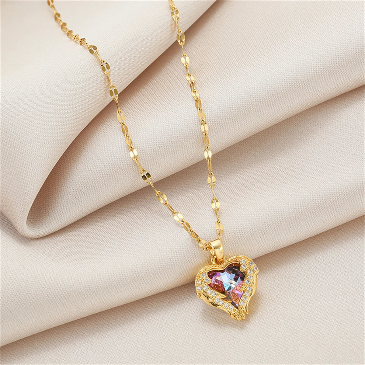 Luxuriöse Ozeanherz-Kristallkette - Bunter Edelstahl-Schmuck