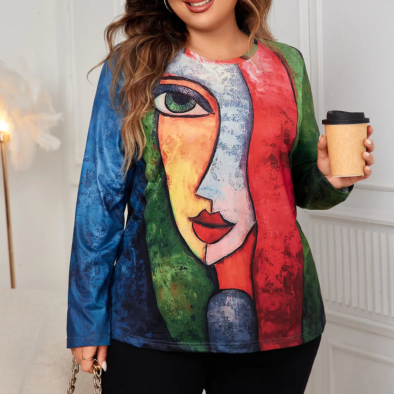 Plus-Size Langarmshirt, Print, Oversized T-Shirt für Damen, Herbst/Winter