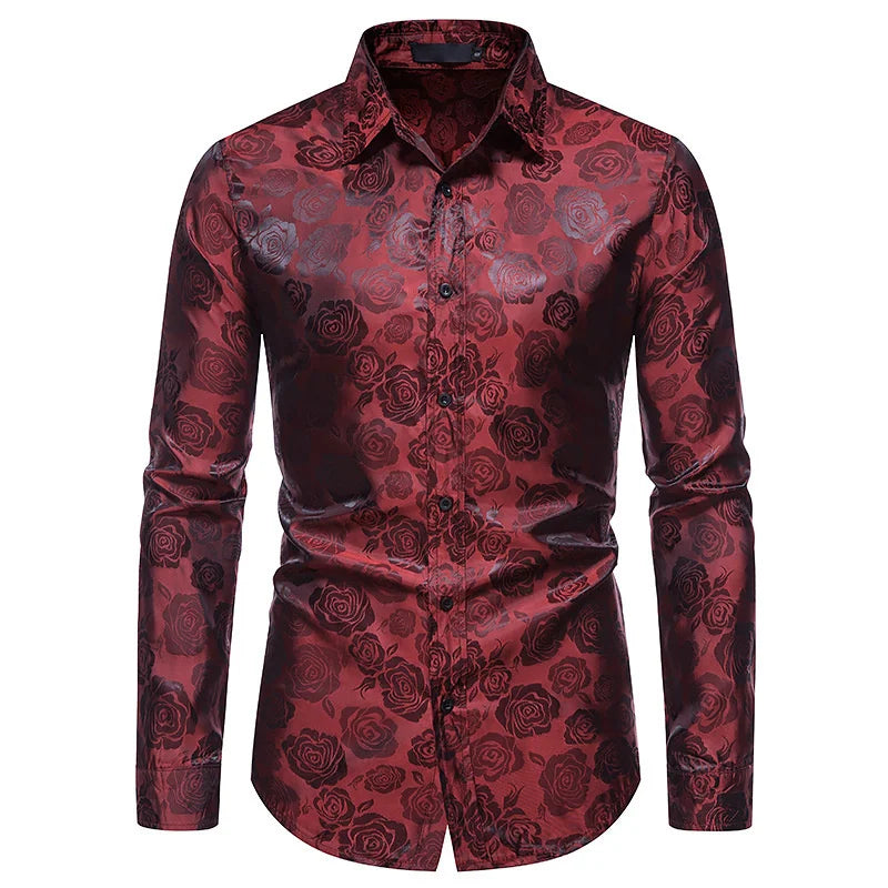 Vintage Herren Hemd Langarm Floral Satin Retro Slim Fit