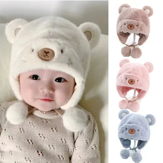 Süße Winter-Fleece-Mützen für Kinder, weiche Woll-Ohrenmütze mit Bommel, Baby-Bonnet